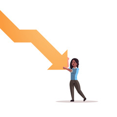 stressed businesswoman stopping economic arrow falling down financial crisis bankrupt investment risk concept full length vector illustration