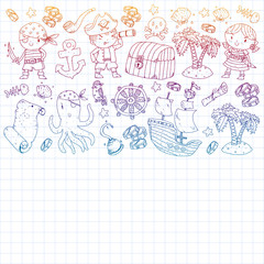 Pirate party. Illustrations for little children. Kids birthday celebration with treasure island, octopus, pirates