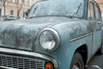 The old windshield. abandoned retro car closeup.