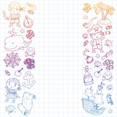 Pirate party. Illustrations for little children. Kids birthday celebration with treasure island, octopus, pirates