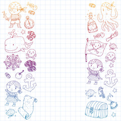 Fototapeta premium Pirate party. Illustrations for little children. Kids birthday celebration with treasure island, octopus, pirates