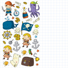 Pirate party. Illustrations for little children. Kids birthday celebration with treasure island, octopus, pirates