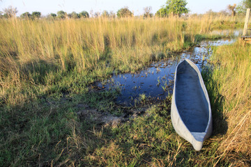 stara afrykańska łódka przy brzegu wśród traw w dolinie dolnego nilu - obrazy, fototapety, plakaty