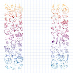 Vector pattern with easter and spring elements. Eggs in basket, bunny, flowers, birds