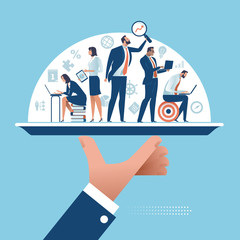Service. Experts team on a platter. Concept vector illustration.