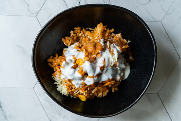 Mexican Rice with Kidney Bean, Sour Cream, Grated  Mozzarella Cheese and Salsa Sauce / Pilaf.