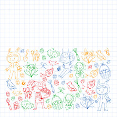 Vector pattern with easter and spring elements. Eggs in basket, bunny, flowers, birds