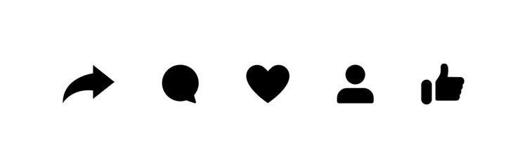Social media icons thumb up and heart icon with repost and comment. Flat signs icons on white background. Vector