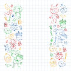 Vector pattern with easter and spring elements. Eggs in basket, bunny, flowers, birds