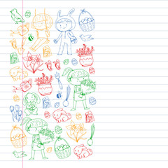 Vector pattern with easter and spring elements. Eggs in basket, bunny, flowers, birds