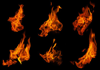 Fire collection set of flame burning isolated on dark background for graphic design purpose