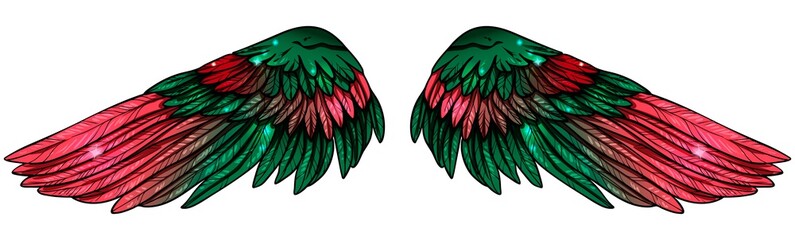 Beautiful glittery red green gradient wings, hand drawn vector