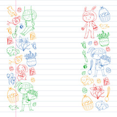 Vector pattern with easter and spring elements. Eggs in basket, bunny, flowers, birds