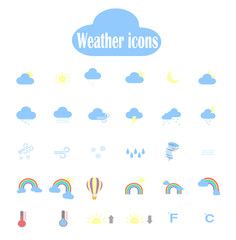 Obraz premium Big vector set of weather forecast flat icons. Web icons for the application - weather forecast. Weather template app in simple style 