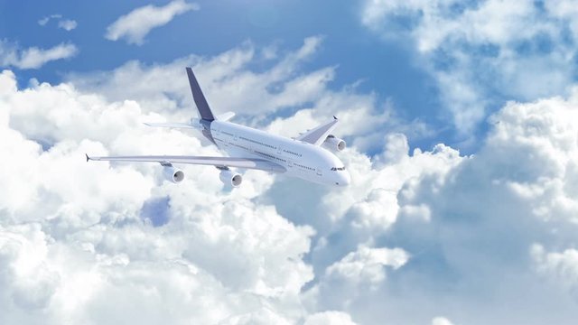Aerial view of airliner aircraft flying above white clouds in a clear sunny day, camera camera in front of the plane, 3d render