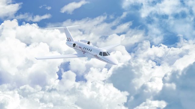 Aerial view of charter private jet flying above white clouds in a clear sunny day, camera camera in front of the plane, 3d render