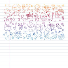 Fototapeta premium Vector pattern with easter and spring elements. Eggs in basket, bunny, flowers, birds