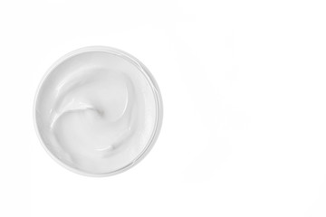Empty white plastic compression bottle on white background. Packaging of cream, facial foam or skin care. Copy space.
