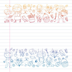 Vector pattern with easter and spring elements. Eggs in basket, bunny, flowers, birds