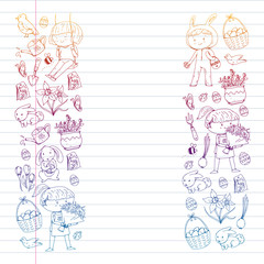 Vector pattern with easter and spring elements. Eggs in basket, bunny, flowers, birds