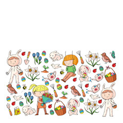 Vector pattern with easter and spring elements. Eggs in basket, bunny, flowers, birds