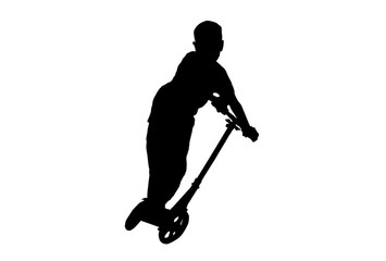 Silhouette scooter bike kids,boy play spin scooter with white background with clipping path.