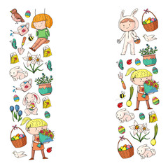 Vector pattern with easter and spring elements. Eggs in basket, bunny, flowers, birds