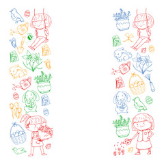 Vector pattern with easter and spring elements. Eggs in basket, bunny, flowers, birds