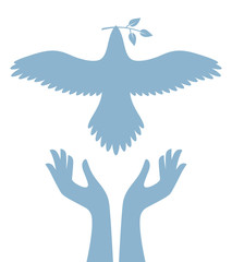 Vector blue symbol helping hands holding flying dove with twig. Isolated on white background.