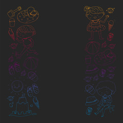 Children summer vacation. Holidays with little kids. Sea, beach and ocean. Travel and adventure vector pattern.