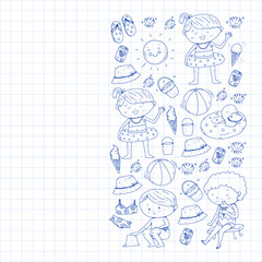Fototapeta premium Children summer vacation. Holidays with little kids. Sea, beach and ocean. Travel and adventure vector pattern.