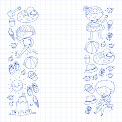 Children summer vacation. Holidays with little kids. Sea, beach and ocean. Travel and adventure vector pattern.
