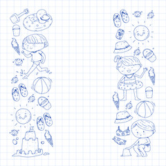 Fototapeta premium Children summer vacation. Holidays with little kids. Sea, beach and ocean. Travel and adventure vector pattern.