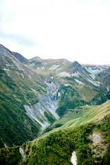 Beautiful landscapes with high mountains of Georgia, a roadside market in the mountains. summer landscape