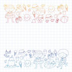 Children summer vacation. Holidays with little kids. Sea, beach and ocean. Travel and adventure vector pattern.