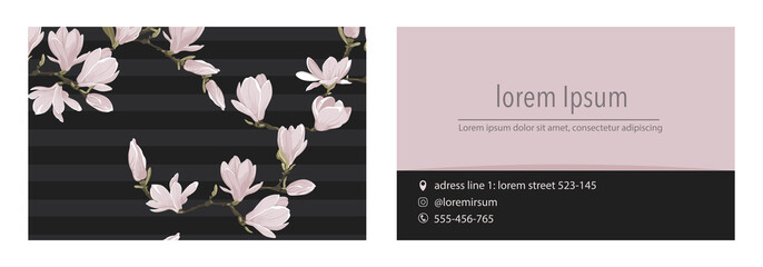 Vector 2 side business card template with magnolia flower on a dark grey background 