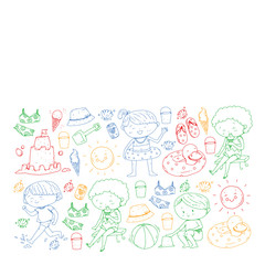 Children summer vacation. Holidays with little kids. Sea, beach and ocean. Travel and adventure vector pattern.