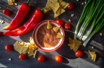 tomato salsa, corn chips and fresh vegetables