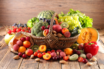 wicker basket with fruit and vegetable - obrazy, fototapety, plakaty