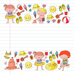 Naklejka premium Children summer vacation. Holidays with little kids. Sea, beach and ocean. Travel and adventure vector pattern.