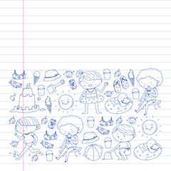 Children summer vacation. Holidays with little kids. Sea, beach and ocean. Travel and adventure vector pattern.