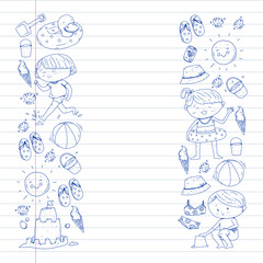 Children summer vacation. Holidays with little kids. Sea, beach and ocean. Travel and adventure vector pattern.