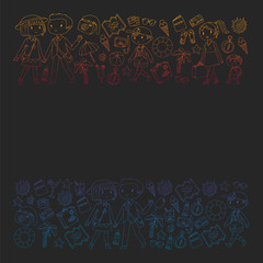 Vector pattern with travel and beach icons. Parents with little kids. Children summer vacation.