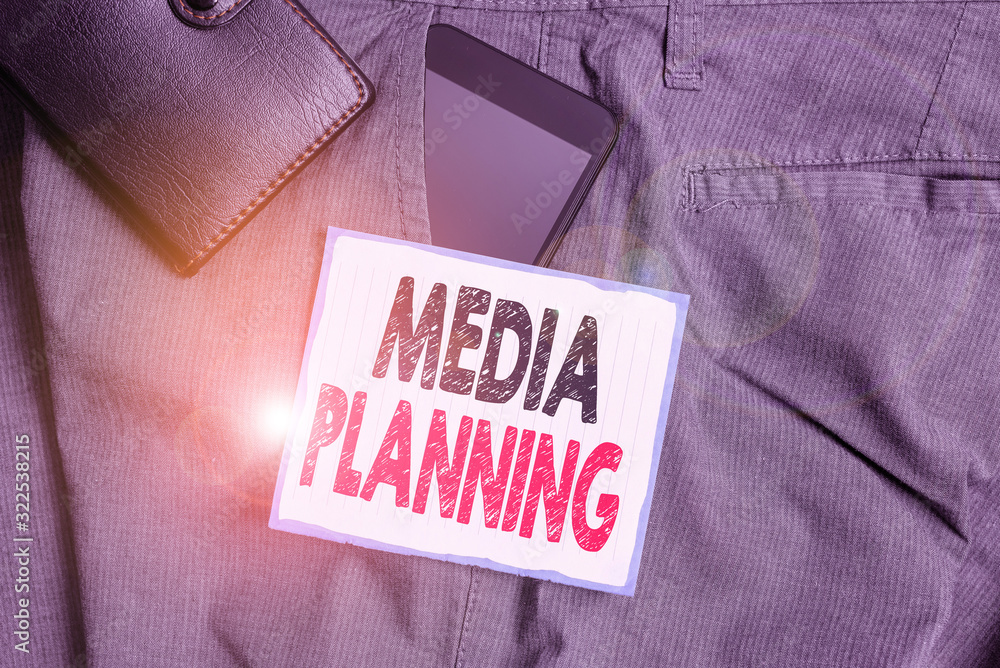 Aufkleber text sign showing media planning. business photo showcasing the process of identifying and selecting