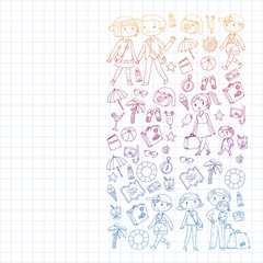 Fototapeta premium Vector pattern with travel and beach icons. Parents with little kids. Children summer vacation.