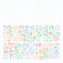 Obraz premium Vector pattern with travel and beach icons. Parents with little kids. Children summer vacation.