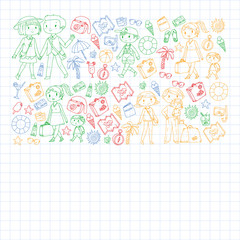 Vector pattern with travel and beach icons. Parents with little kids. Children summer vacation.