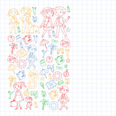 Vector pattern with travel and beach icons. Parents with little kids. Children summer vacation.