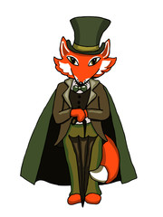 A fox dressed in retro style fashion with an umbrella. Vector cartoon character.