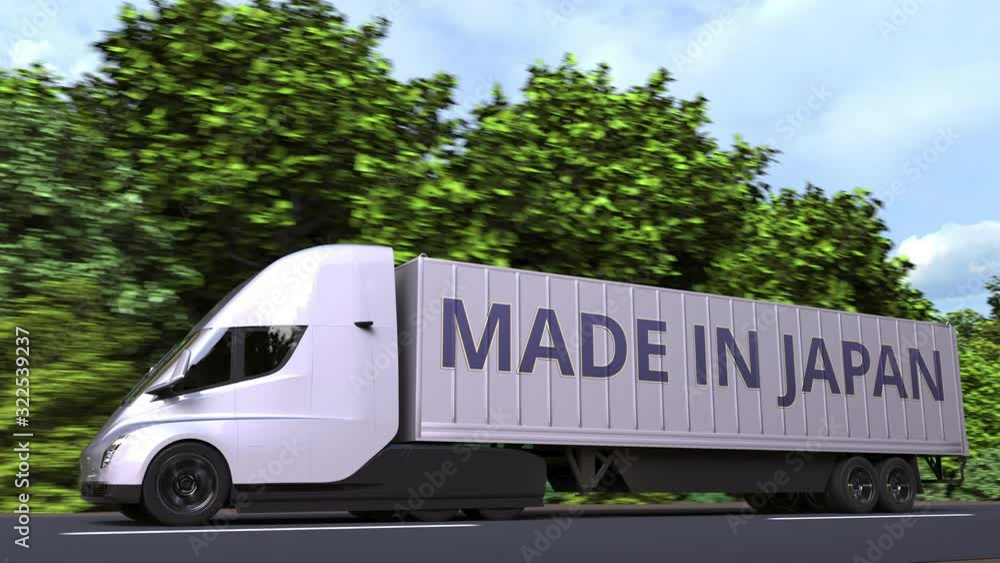 Aufkleber trailer truck with made in japan text on the side. japanese import or export related loopable 3d ani